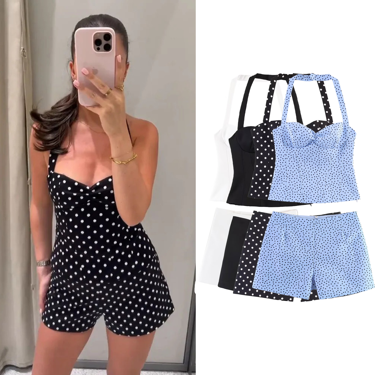 Ensemble chic et décontracté pour femme : Hauts moulants sexy à col licou et dos nu, et shorts à pois avec fermeture éclair latérale