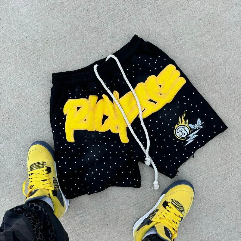 Pantalones cortos sueltos con estampado de letras a la moda europea americana, pantalones cortos de baloncesto de moda urbana para hombre, pantalones de chándal informales para correr de Hip Hop