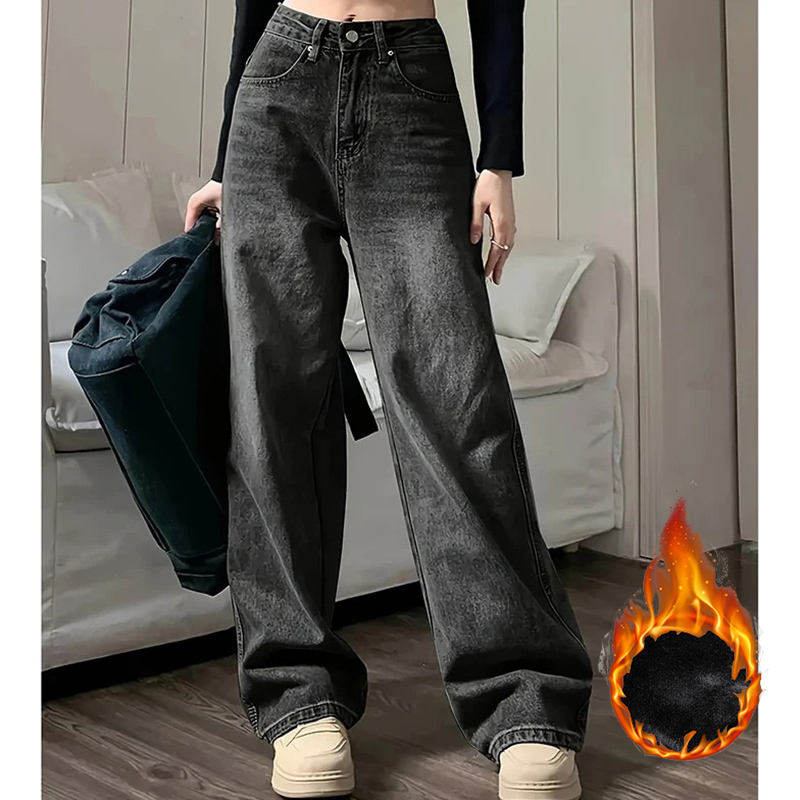 Inverno senhora de pelúcia térmica cintura alta calças jeans finas meninas velo neve quente denim calças femininas confortáveis perna reta