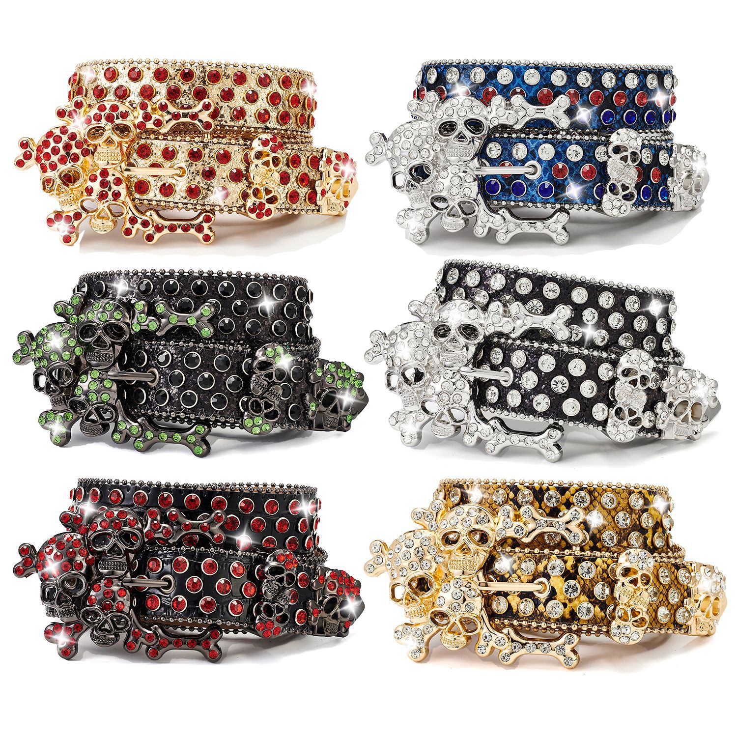 Westernledergürtel Kristall BlingBling Punk Gürtel Totenkopf Stapel Wasserdiamant Modegürtel für Cowboy