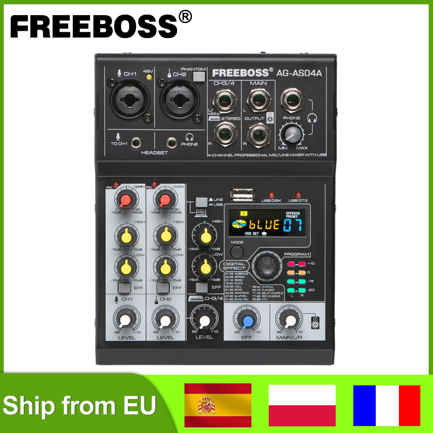 FREEBOSS 4 Kanalen Audio Mixer 88 DSP Effecten Bluetooth Dj Mixing Console USB PC Record Play Draagbare Geluidstafel AG-AS04A