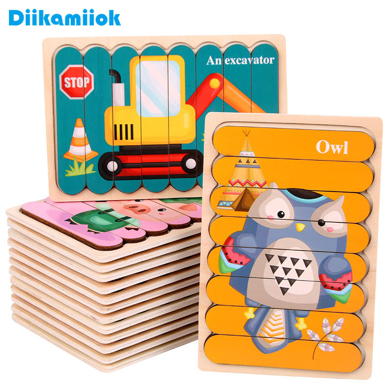 การ์ตูนสัตว์แถบสองด้านปริศนาไม้เด็ก Montessori จิ๊กซอว์เกมของเล่นเพื่อการศึกษาเด็กสําหรับเด็ก
