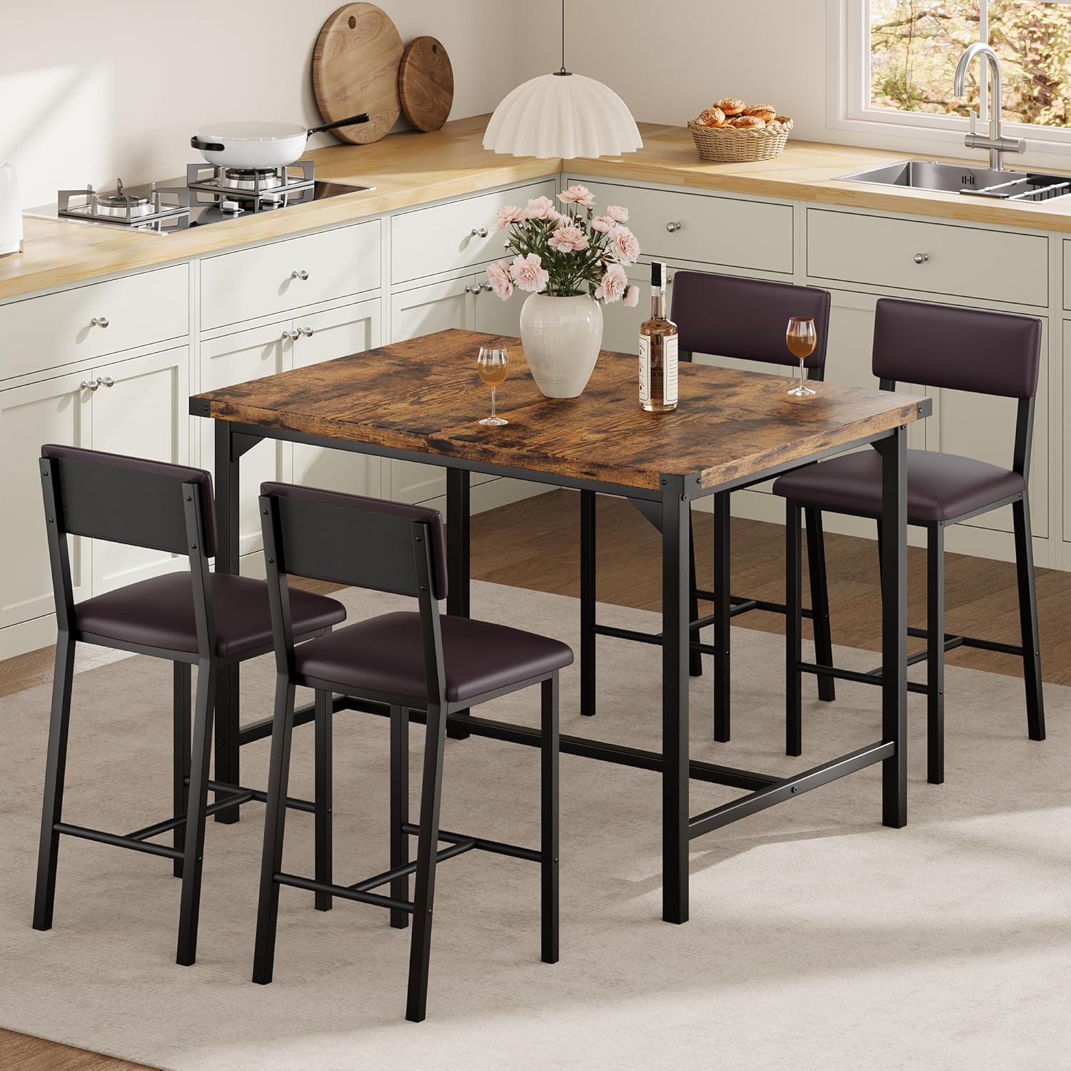 5-teiliges Esstisch-Set, Bartisch-Set mit 4 gepolsterten Stühlen für Pub, Esszimmer, Küche