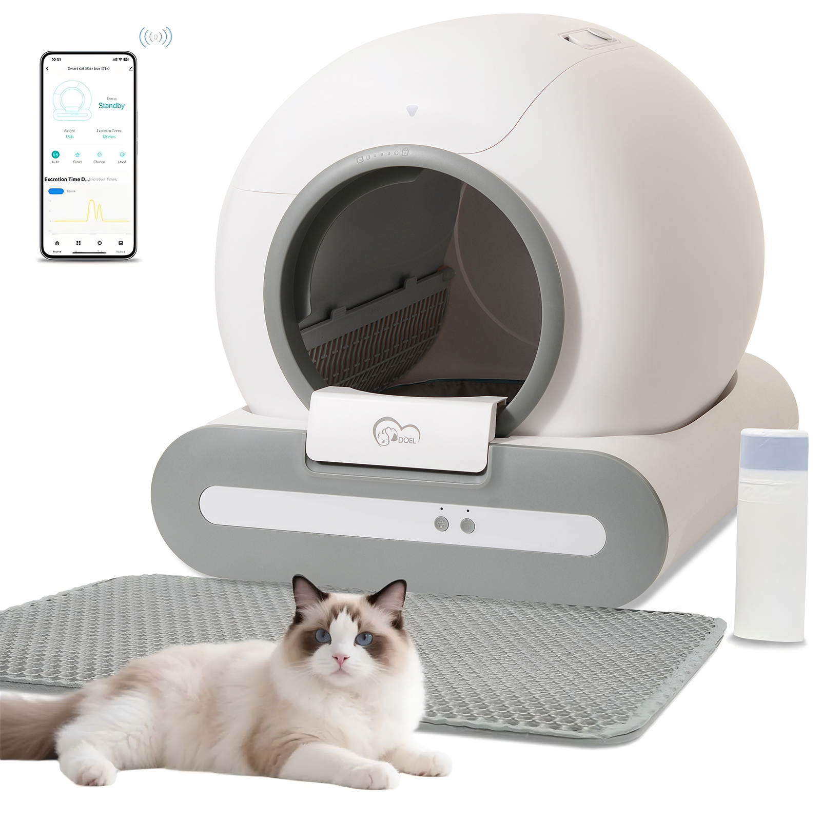 DOEL 65L Self-ทําความสะอาดกล่องครอกแมว App Control, รองรับ 2.4G WiFi W/Litter Mat และถุงขยะ, fit สําหรับเต้าหู้ & ผสม Litter