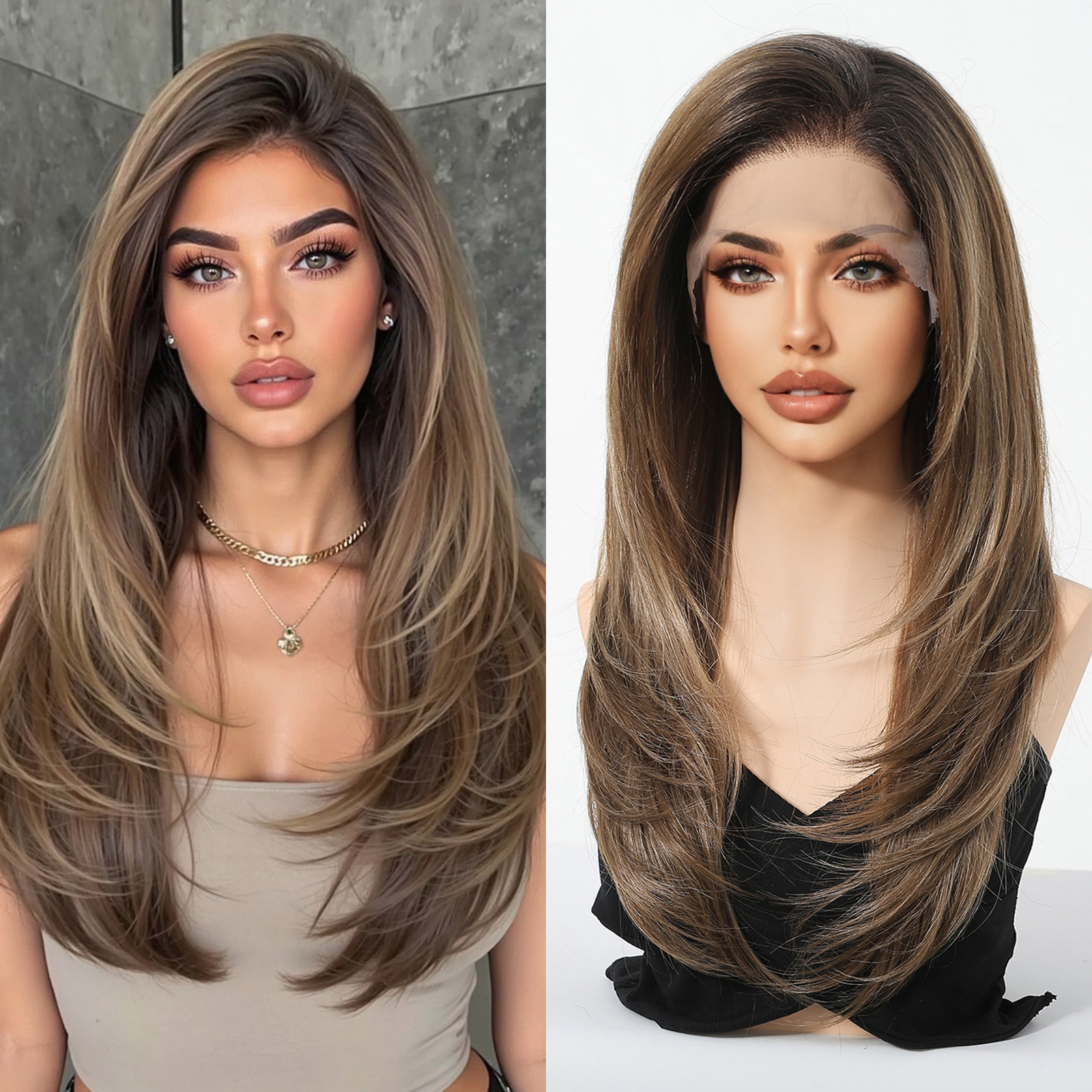 HAIRCUBE – perruque synthétique lisse mixte brune, racines foncées, naissance des cheveux naturelle, 13x6, Lace Front transparente, pour femmes, Cosplay quotidien