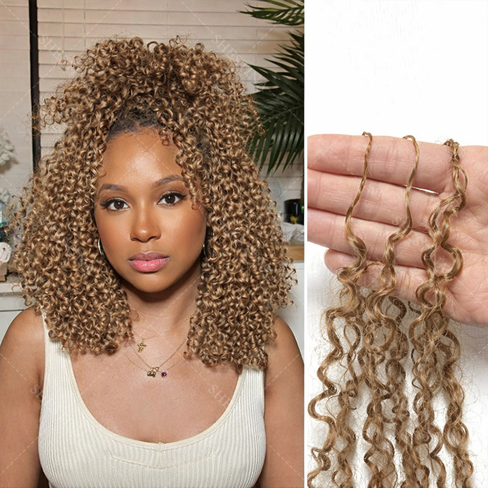 Estensioni dei capelli umani all'uncinetto con piume biondo miele, riccioli pixie pre-separati senza nodi, piccoli spirali, capelli ricci all'uncinetto per Boho