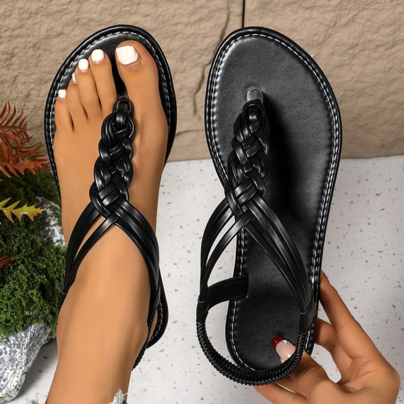 Sandálias Rasteiras Femininas da Moda para Uso Externo, Novidade de Verão, Chinelos Frescos de Cor Sólida com Tiras Cruzadas, Tamanhos Grandes, Sandálias Femininas Transfronteiriças
