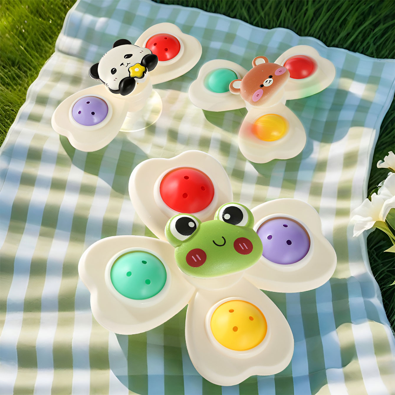 Rotatable suction cup animal flower suction cup spinning toy for baby table and chair, fingertip top spinner set of 3 pieces