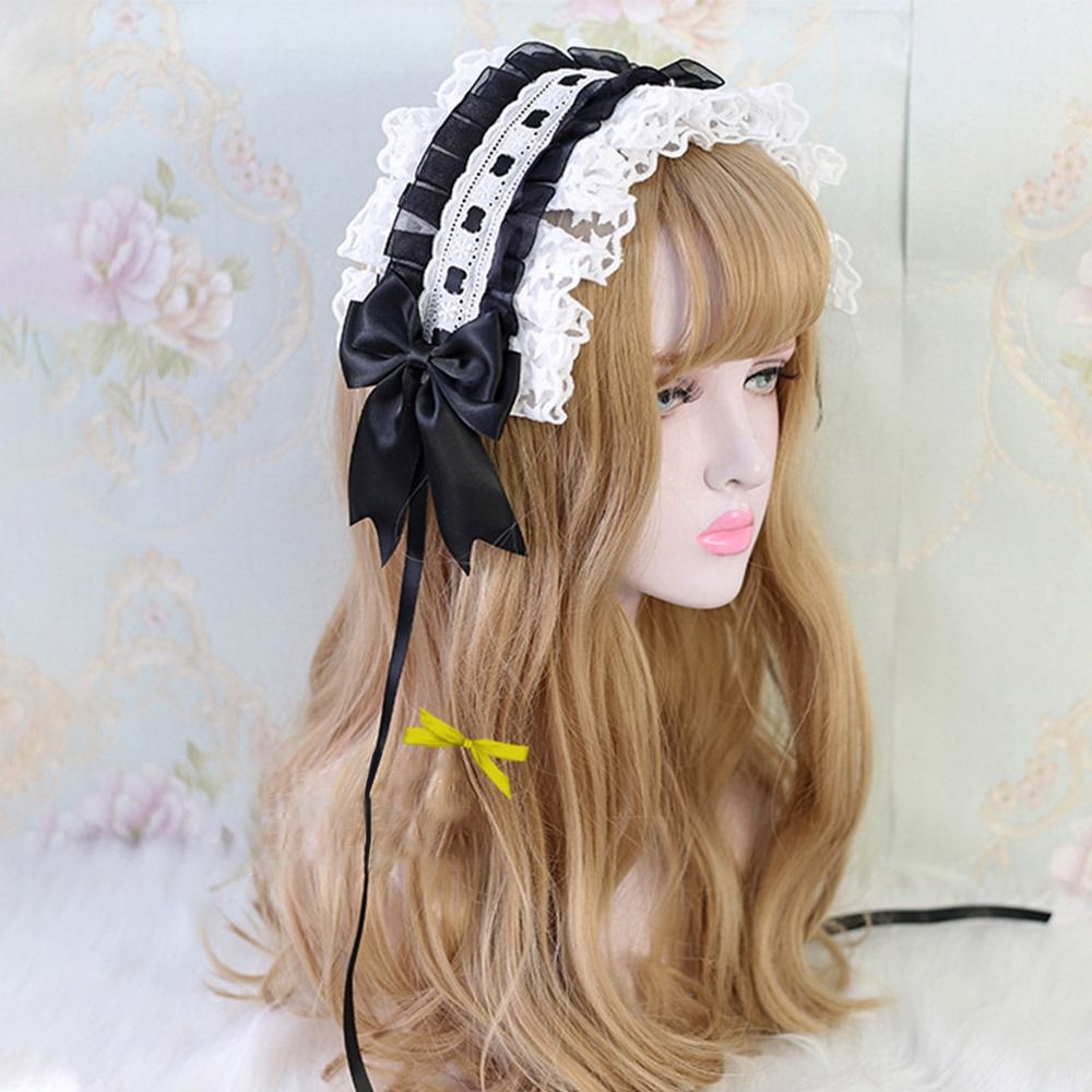 Styl japoński Lolita potargane pałąk słodka gwiazda haft taśma koronkowa opaska z kokardą z spinki do włosów Anime Maid Cosplay stroik