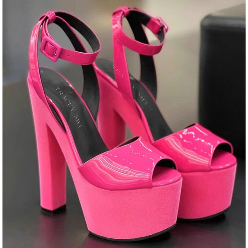Neue Modenschau Echtes Leder Sandalen Frauen Starke Ferse 17Cm High Heel Plattform Peep Toe Dame Schuhe Weiß Rosa farbe