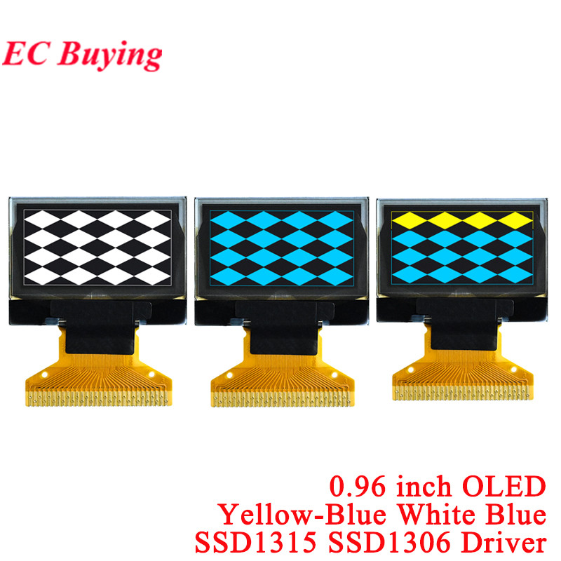 Tela lcd oled de 0.96 polegadas, resolução 128*64, amarelo-azul, azul, branco, 128x64 ssd1315, ssd1306, driver i2c spi 0.49"