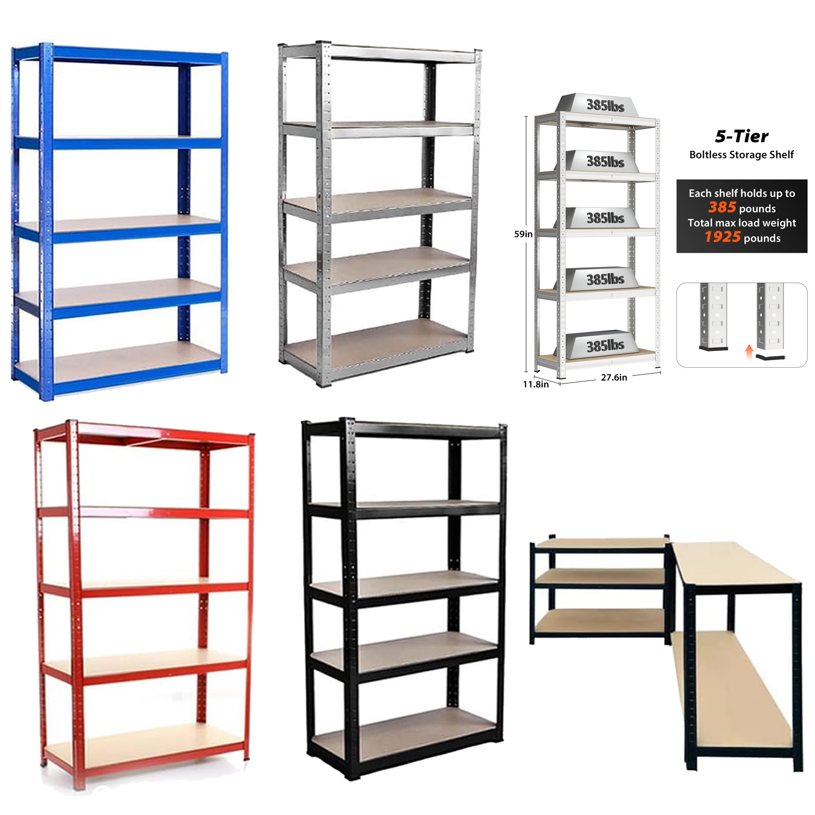 DayPlus Étagère pour rangement de hangar de garage, étagère à 5 niveaux, étagère réglable sans boulons, travail autoportant