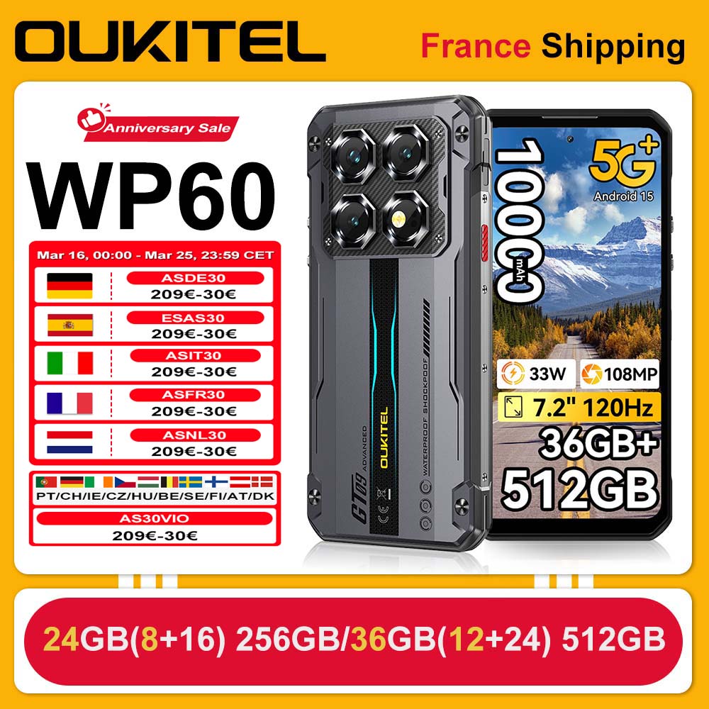 OUKITEL Robuuste Telefoon WP60 5G 24GB(8+16) 256GB / 36GB(12+24) 512GB 7,2” HD+ 120Hz Smartphone 10000mAh 108MP Android 15 NFC