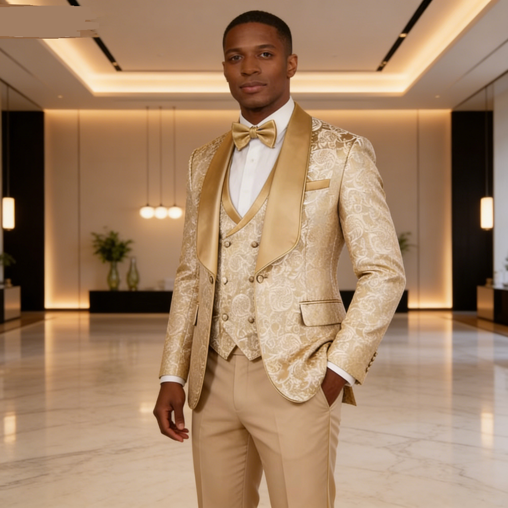 Champagne Jacquard 3-Piece Men's Formal Smoking Suit with Shaw Lapel Blazer Set for Groom Wedding Best Man Tuxedos for Party