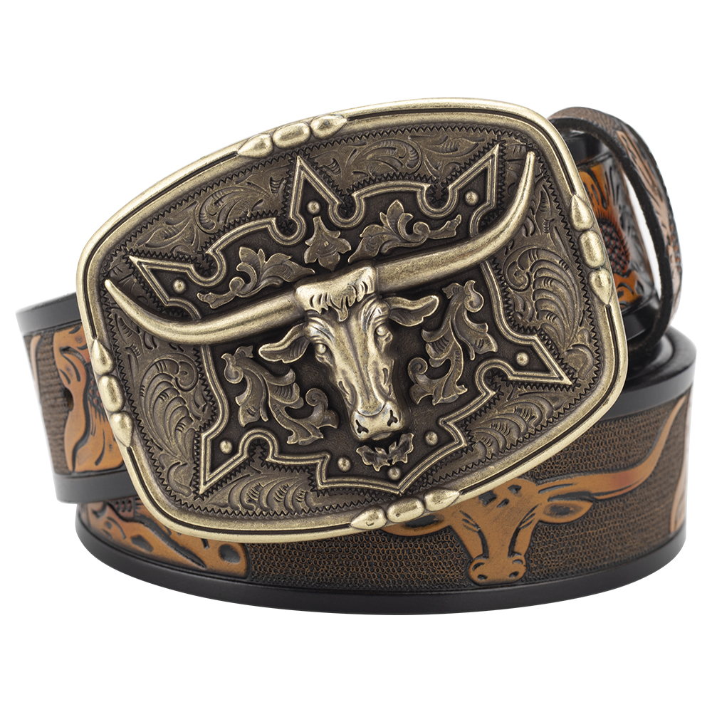 Ceinture West Cowboy en cuir véritable pour homme, tête de taureau, mode