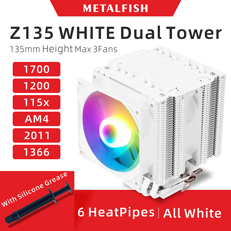 Enfriador de CPU Z135 totalmente blanco con 6 heatPipes compatible con 1700/1200/115x/AM4, ventilador eficiente PWM ARGB de 4 pines, ventilador silencioso