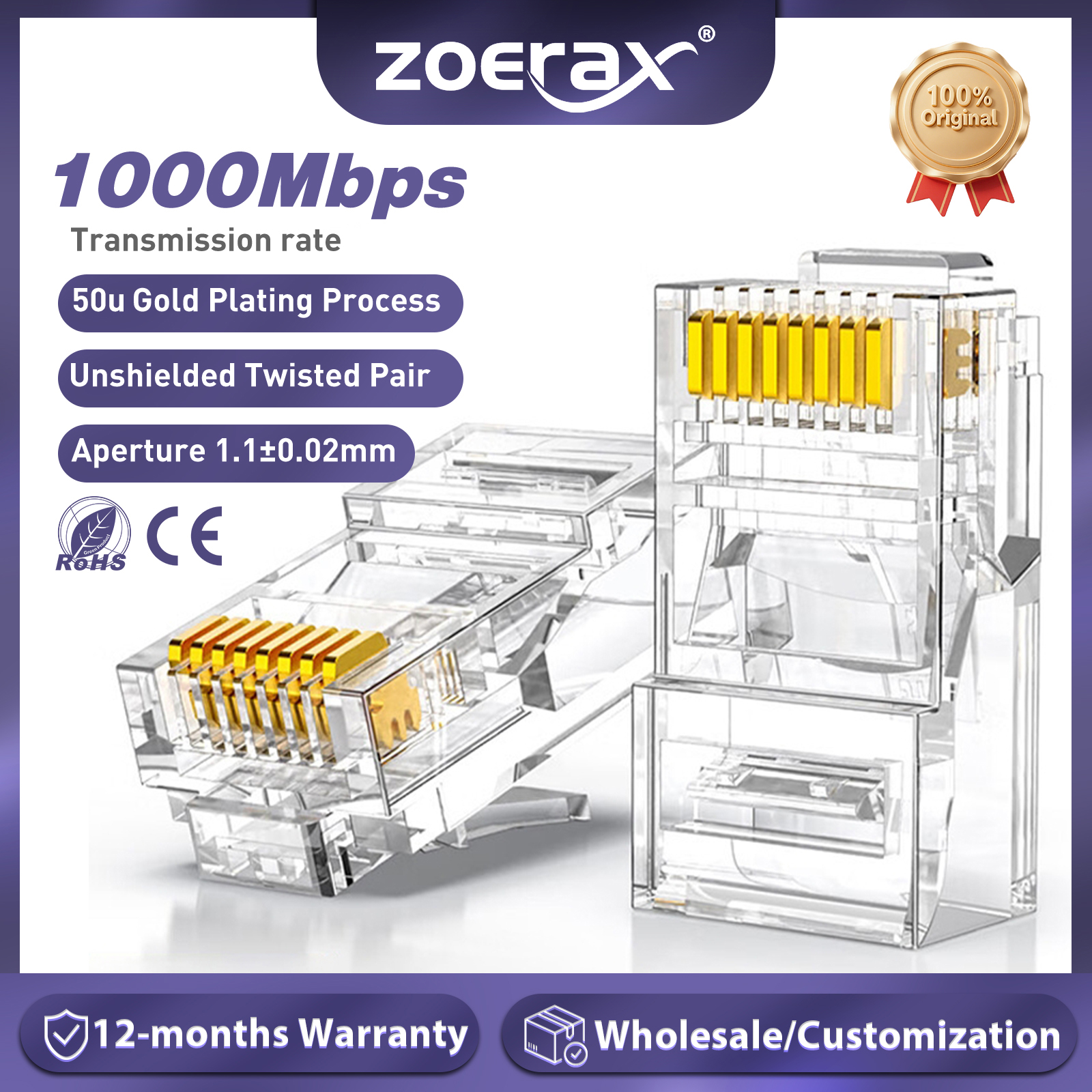 ZoeRax CAT5e CAT6 Connector RJ45 Modular Plug Network Connectors 50μ Ujung Lubang 1.1mm Berlapis Emas untuk Kabel Ethernet