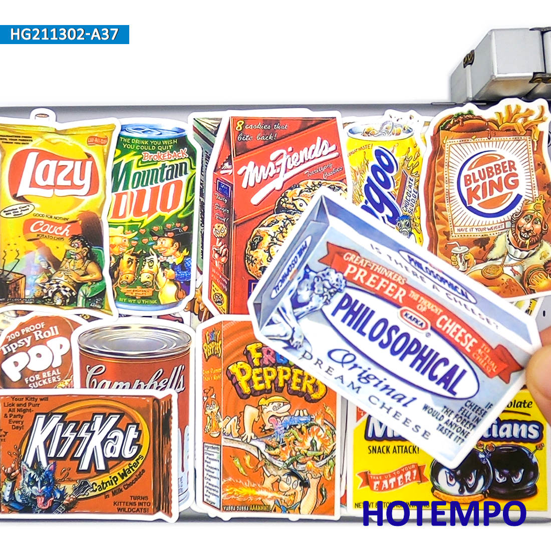 37 sztuk, śmieszne naklejki do pakowania żywności, przekąski, napoje, Retro Pop Art, Fałszywe naklejki, na bagaż, telefon, laptop, rower, samochód, motocykl, deskorolka, gitara, Naklejki Zabawki