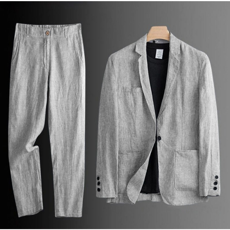 KIDWHXR Sommer Herrenanzug Einreihiger Blazer mit Taschen Elastische Taille Hose Dünnes Baumwoll-Leinen Atmungsaktives 2-teiliges Outfit