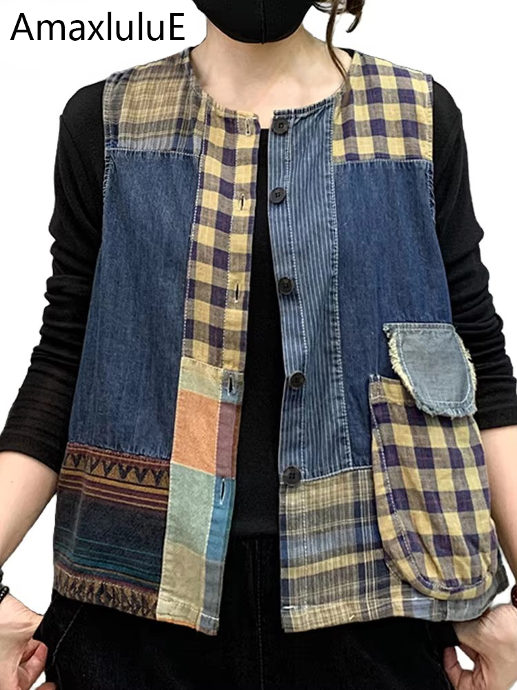 AmaxluluE letnie chińskie czołgi płaszcze damskie luksusowe Vintage luźne kamizelki dżinsowe damskie moda codzienna Patchwork ubrania bez rękawów