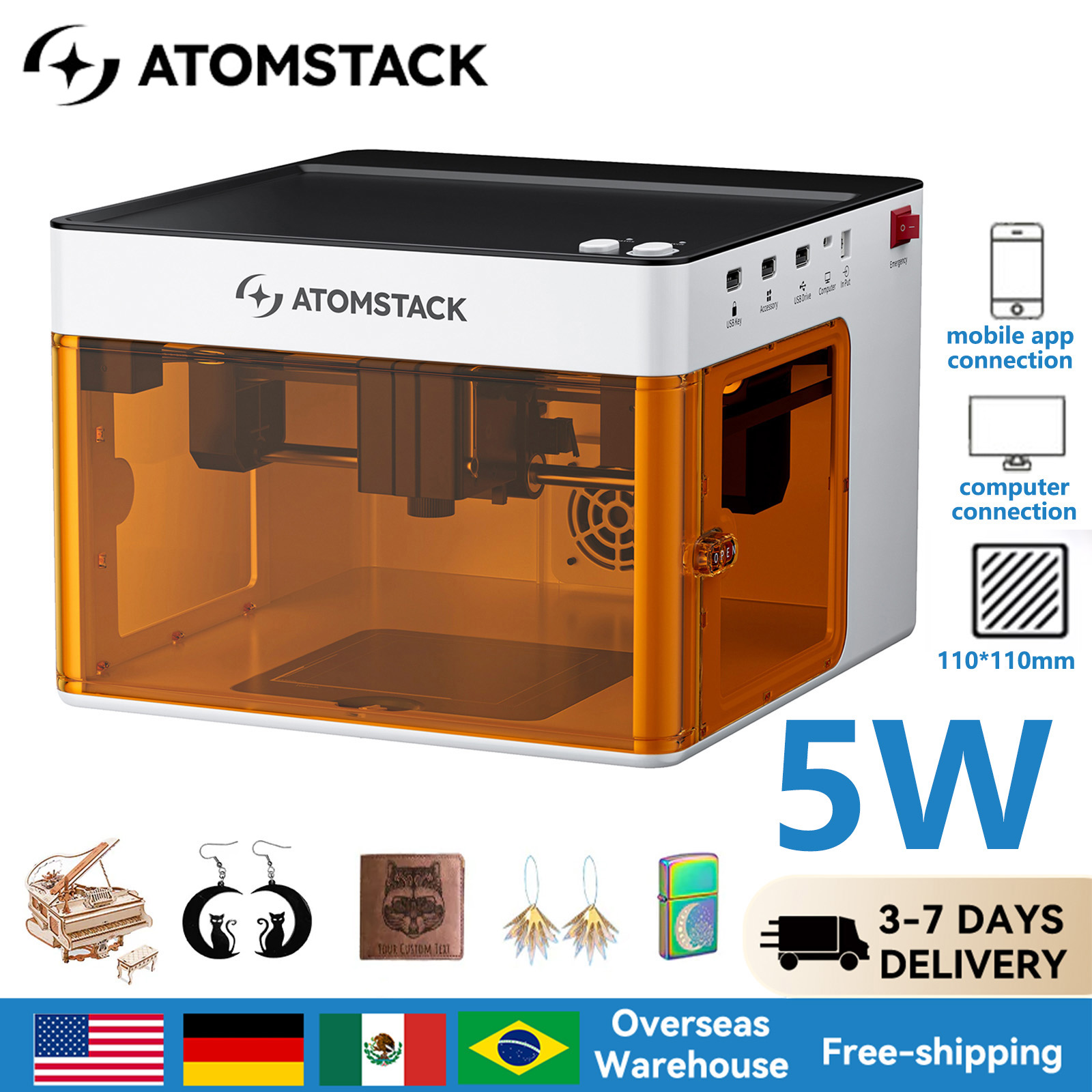 Atomstack P1 Portable 5W Mini Laser Engraving Machine APP PC Offline Muti Operate Laser Engraver DIY Cutter Marker 110x110mm