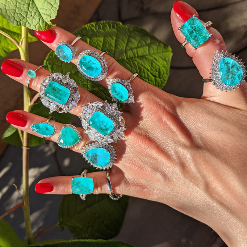 Bague de luxe en forme de Tourmaline Paraiba pour femmes, pierres précieuses, couleur argent, tempérament, bijoux Vintage tendance