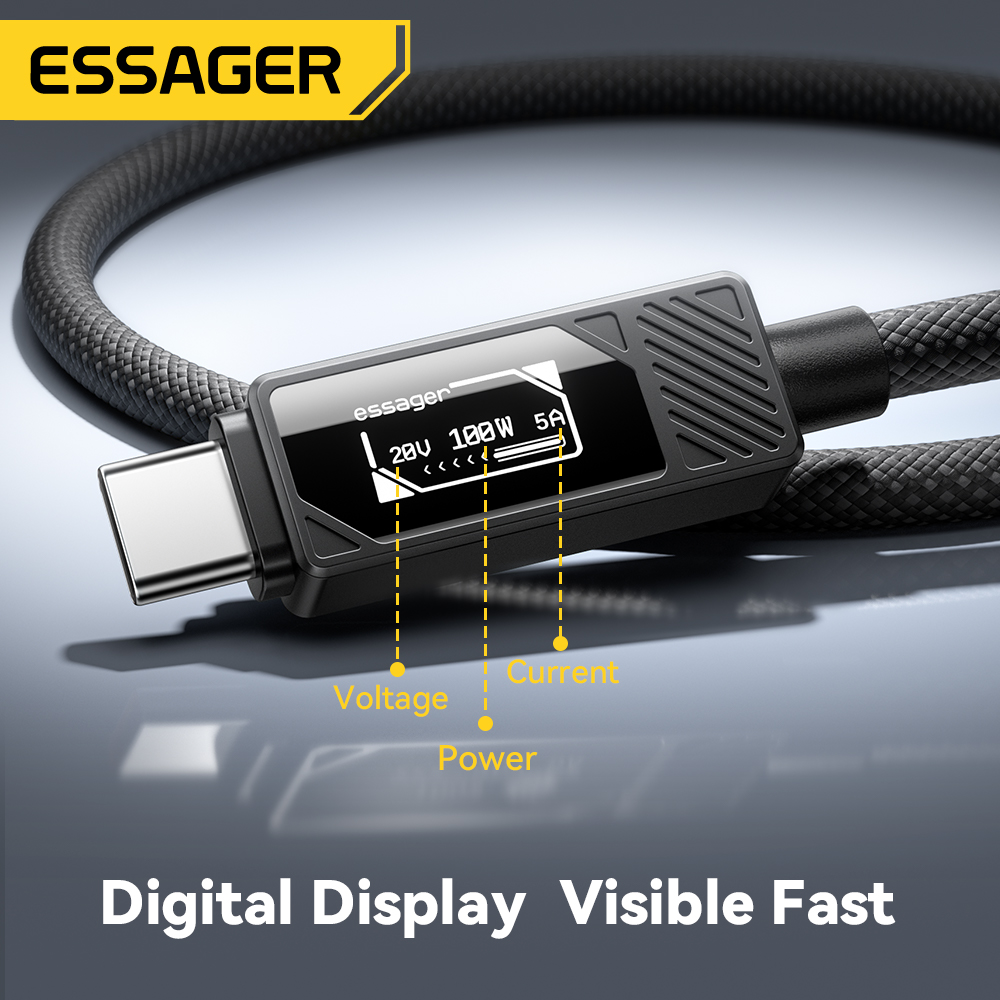 ESSAGER 100W Type C naar C-kabel met digitaal display PD snellaadkabel voor MacBook Pro/Air iPhone 17/16/15 iPad USB C-kabel