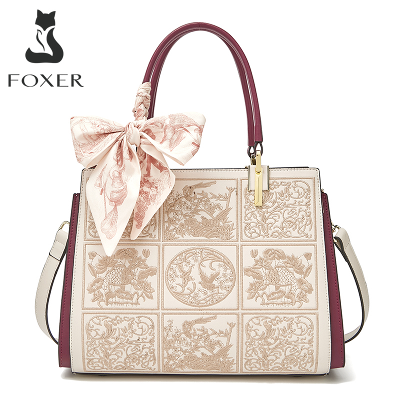 FOXER Tas Bahu Wanita Tas Selempang Kantor Baru untuk Wanita Tas Tote Sedang Tas Ibu dengan Saku Cetak Syal Sutra Kulit Split yang Chic