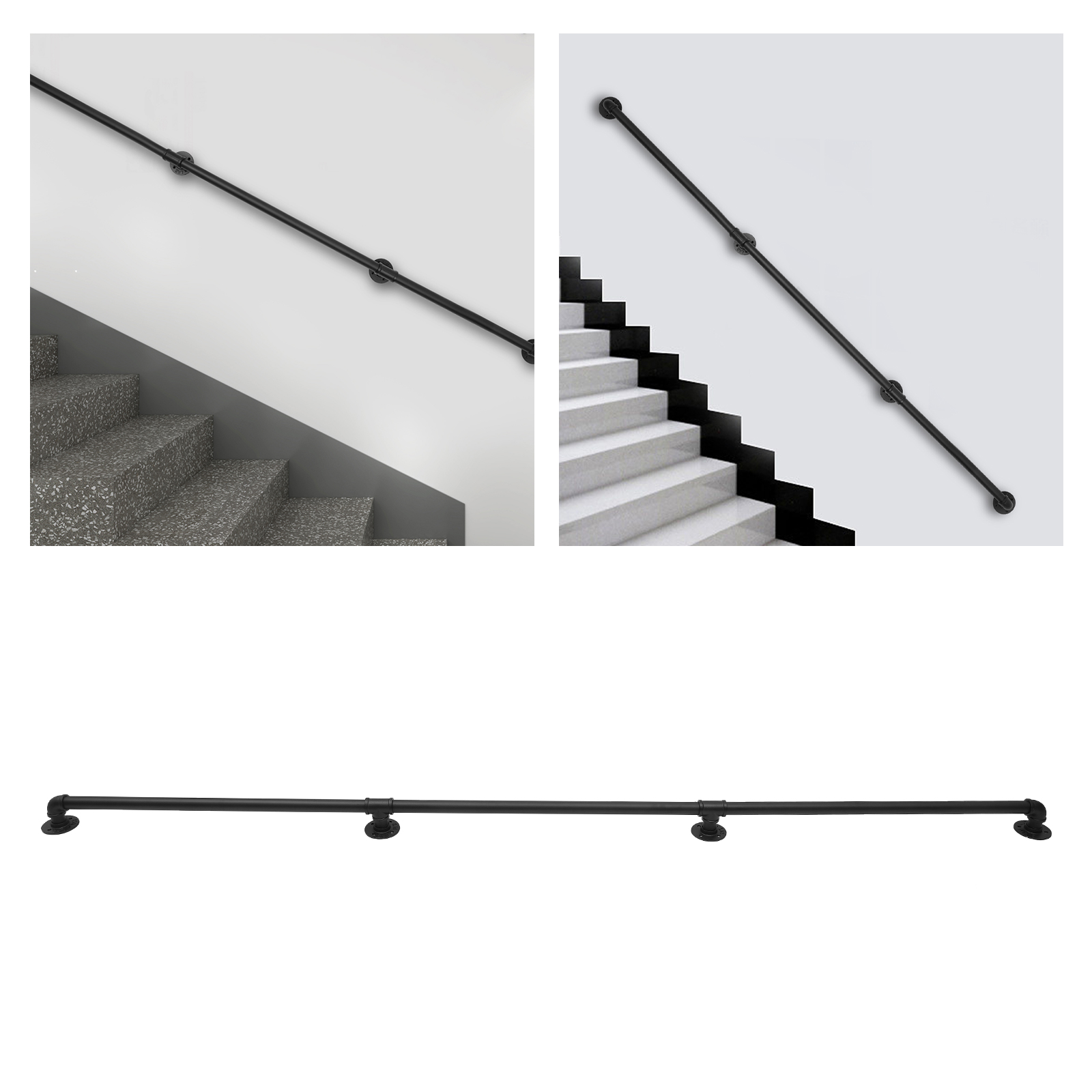 8FT/2.4M Metal Pipe Stair Handrail Wall Mount Non-Slip Safety Rail Black Industrial for Indoor Outdoor