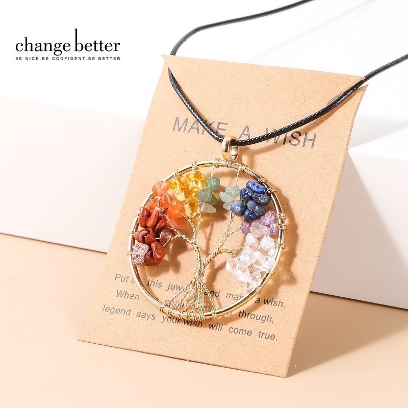 Pietra naturale Ametista Quarzo Pietra Chip Collana di perline 7 Chakra Albero della vita Collana con ciondolo Reiki Guarigione Regalo di gioielli di moda