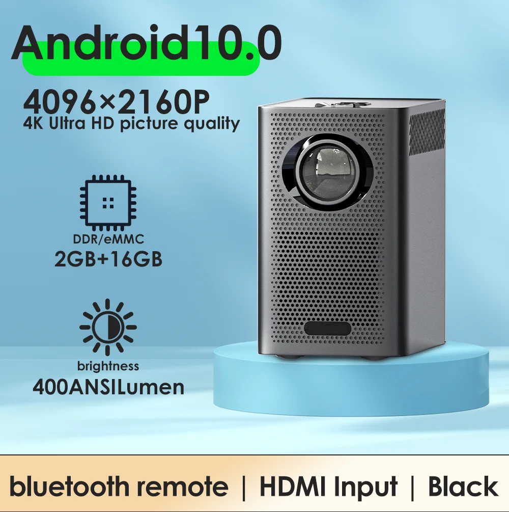 Projetor Portátil Inteligente com WiFi e Bluetooth, Projetor de Bolso para Exterior, Preto, Android 10.0, S30MAX, 4K, 9500L