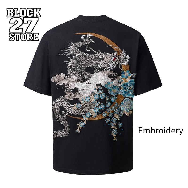 Mens T Shirt Harajuku Chinese Style Streetwear Heavy Dragon Embroidery Cotton Tee Drop Shoulder Loose Fit Short Sleeve Summer