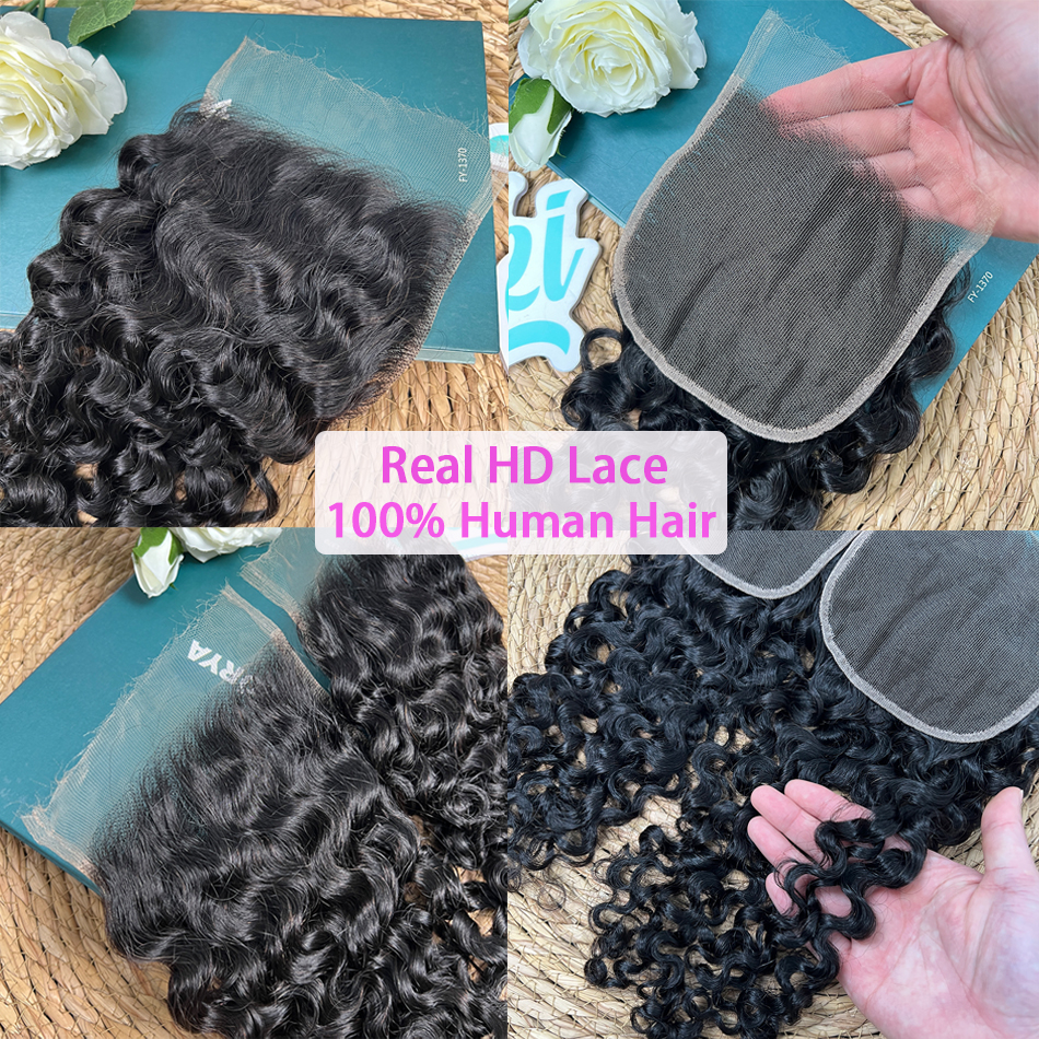 Fechamento de renda birmanês encaracolado 5x5 HD 100% cabelo humano preplucked nós descorados renda invisível # Cabelo virgem cru de cor natural 1B