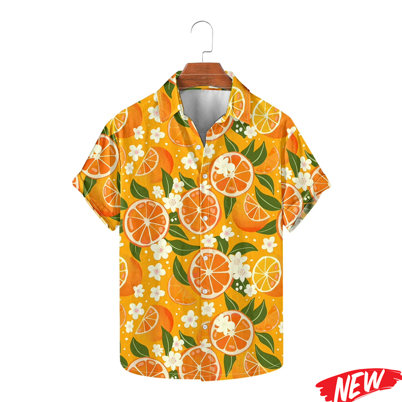 เสื้อเชิ้ตฮาวายลายผลไม้สีส้มแฟชั่นสำหรับผู้ชาย คอลเลคชั่นฤดูใบไม้ผลิ-ฤดูร้อน ปี 2026 เสื้อเชิ้ตอโลฮาแบบมีปก แขนสั้นทรงโอเวอร์ไซส์ สไตล์สตรีท