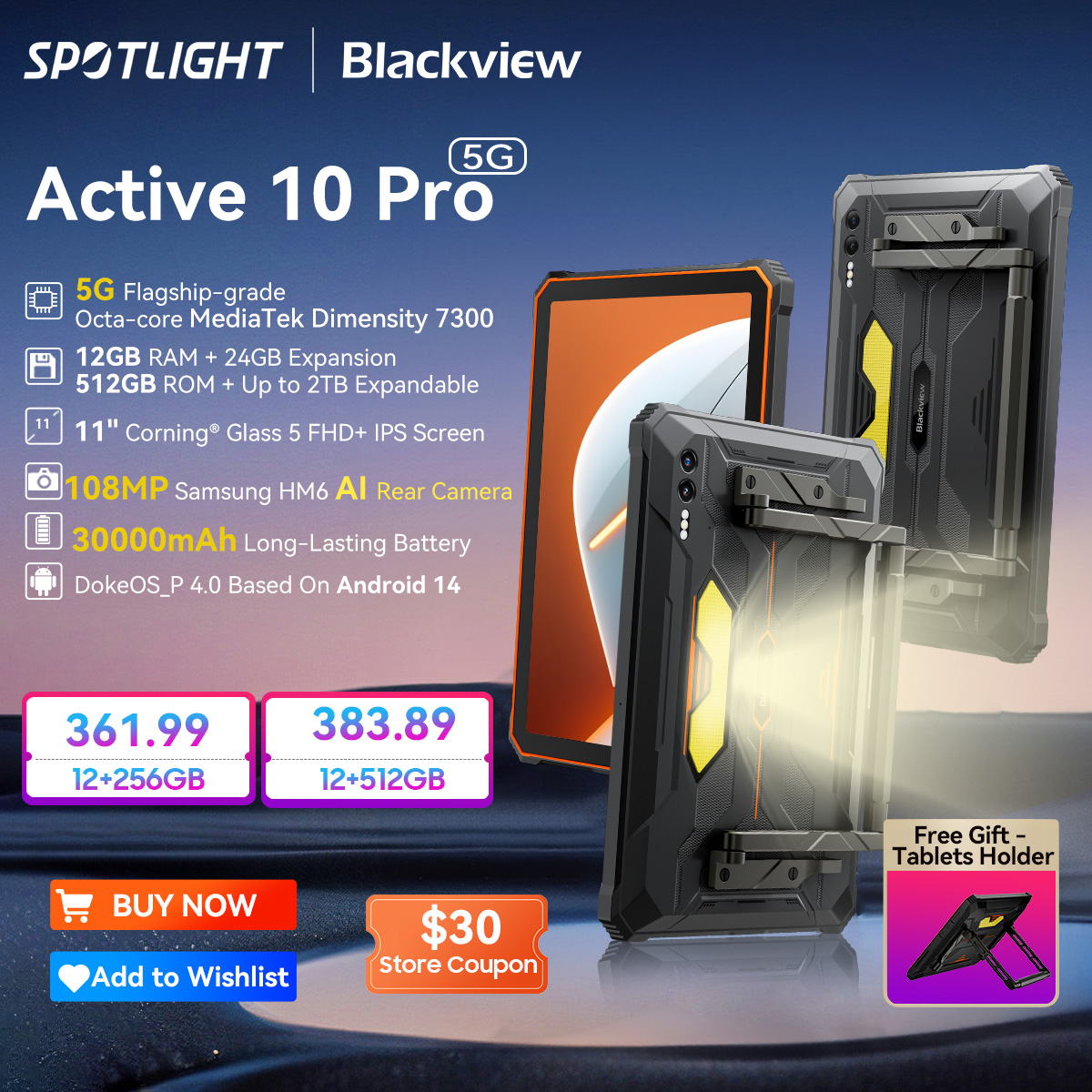 Прочный планшет Blackview Active 10 Pro 5G World Premiere, MTK 7300, дисплей FHD+, 12 ГБ, 256 ГБ/512 ГБ, 30000 мАч, камера AI 108 МП