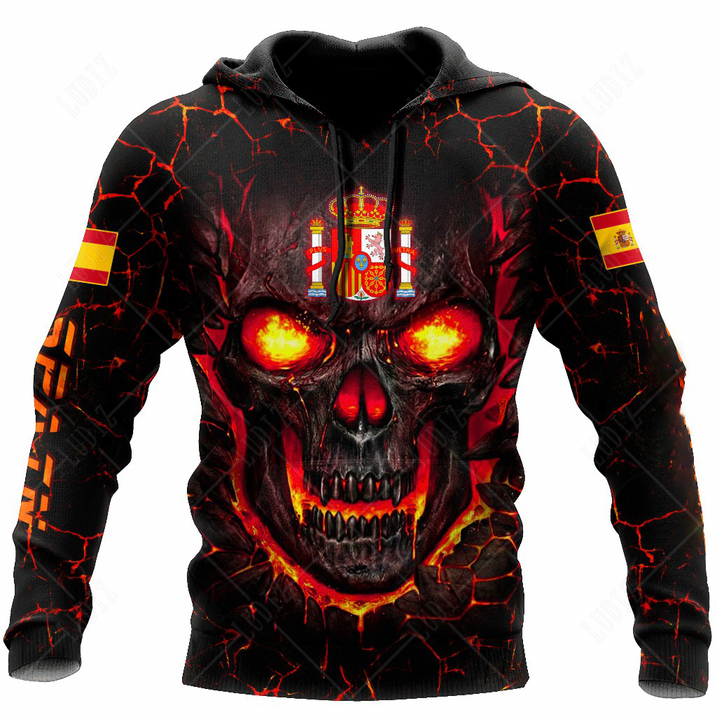 Nieuwe Spaanse Schedel Hoodies Heren Hoodie 3d Print Spanje Vlag Tops Herfst Lange Mouw Streetwear Capuchon Voor Heren Kleding
