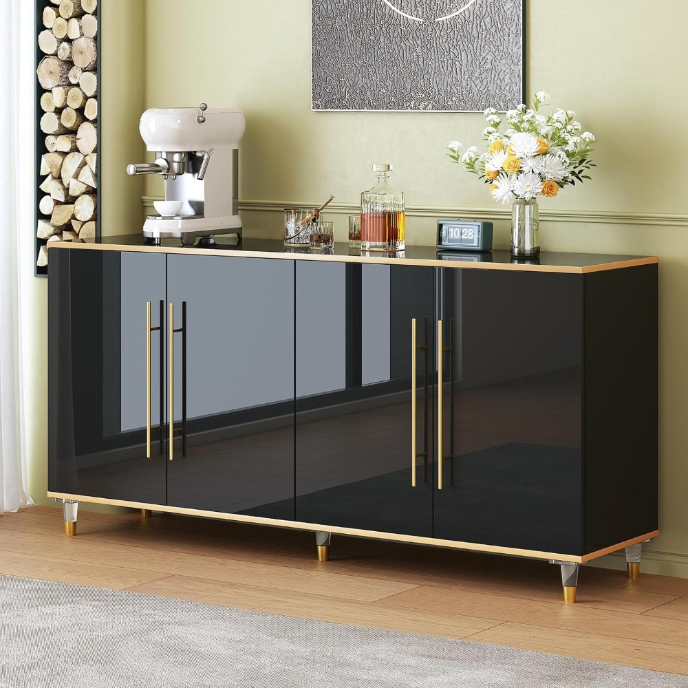 63" Buffet Sideboard Cabinet with Storage, High Glossy Coffee Bar Cabinet with Adjustable Shelves & Doors, Modern Storage Consol