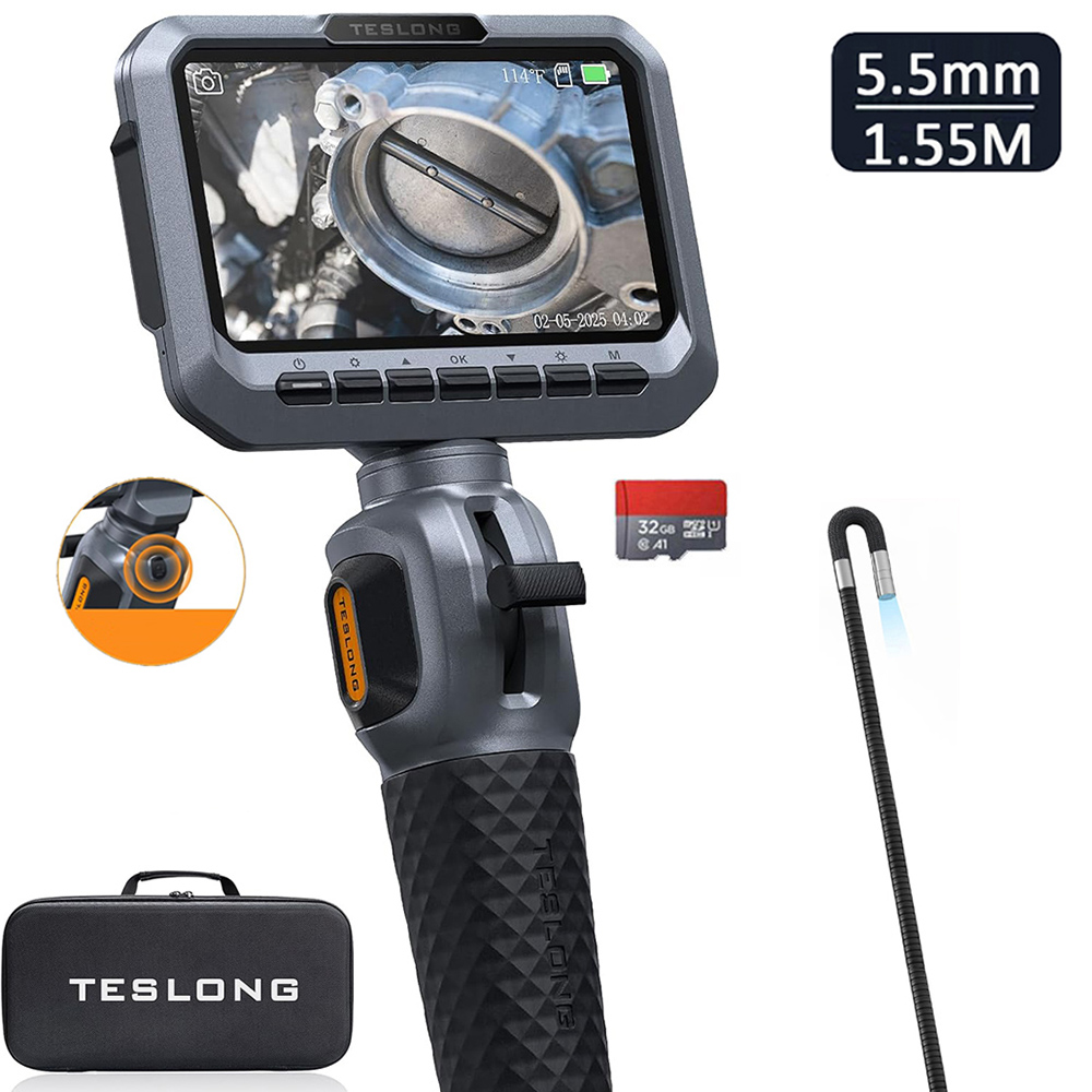 Lente TESLONG de 5.5mm Bidireccional 360° °   Boroscopio Articulado con Pantalla de 5 Pulgadas, Endoscopio Industrial 1080P, Tubo Elástico de 1.55m, 32GB