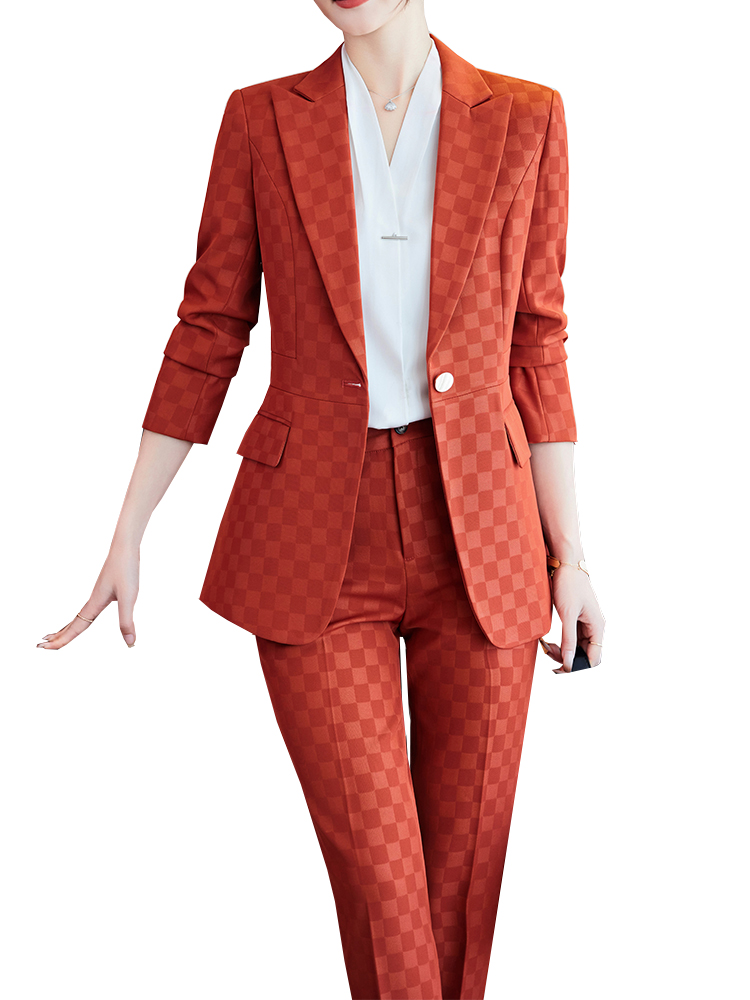 Blazer e calças xadrez para mulheres, conjunto formal de 2 peças, preto, marrom, vermelho, desgaste do trabalho de negócios, senhoras do escritório, feminino