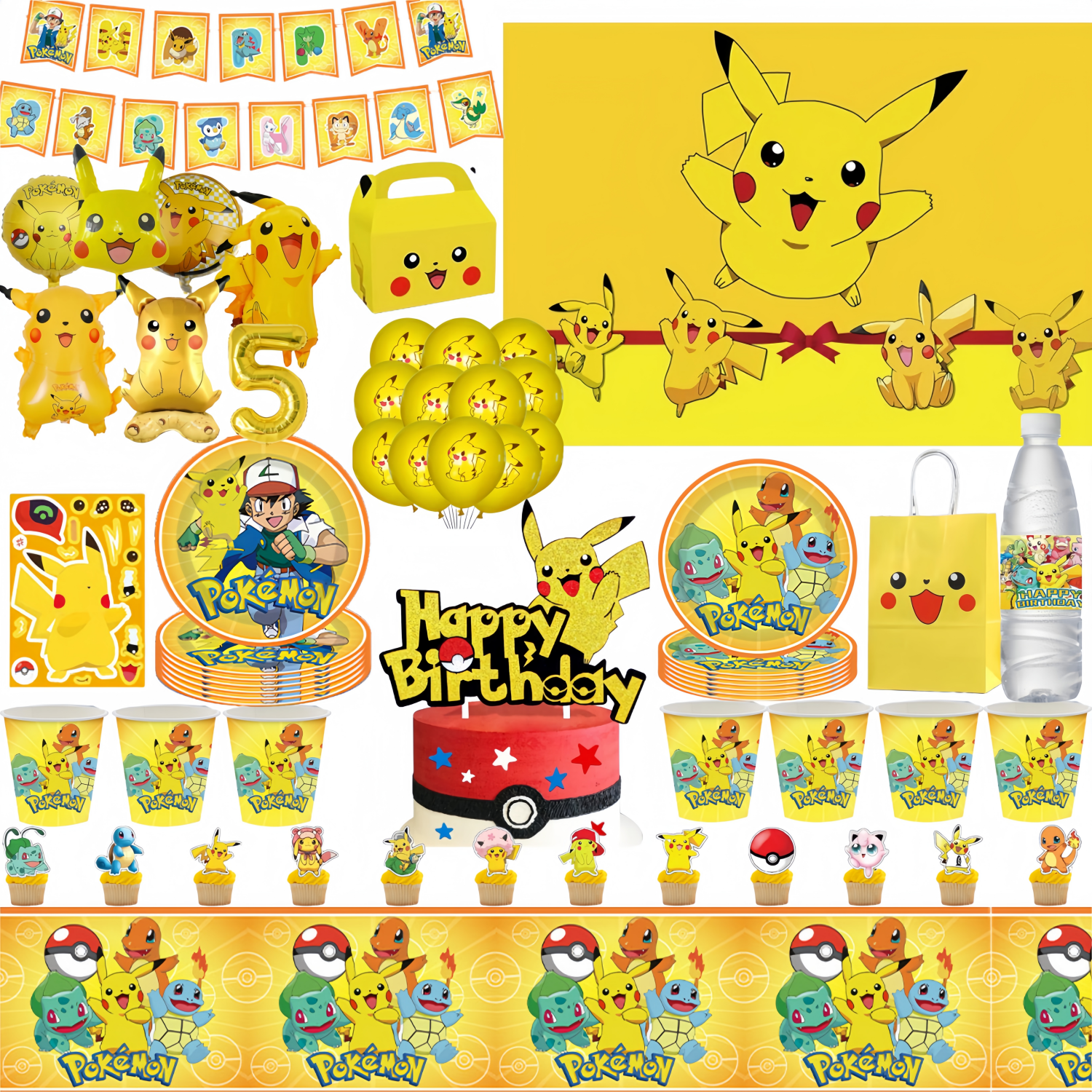 Pokemon decoraciones para fiesta de cumpleaños Pikachu DIY pegatina vajilla plato mantel Baby Shower niños favores regalos suministros para fiestas