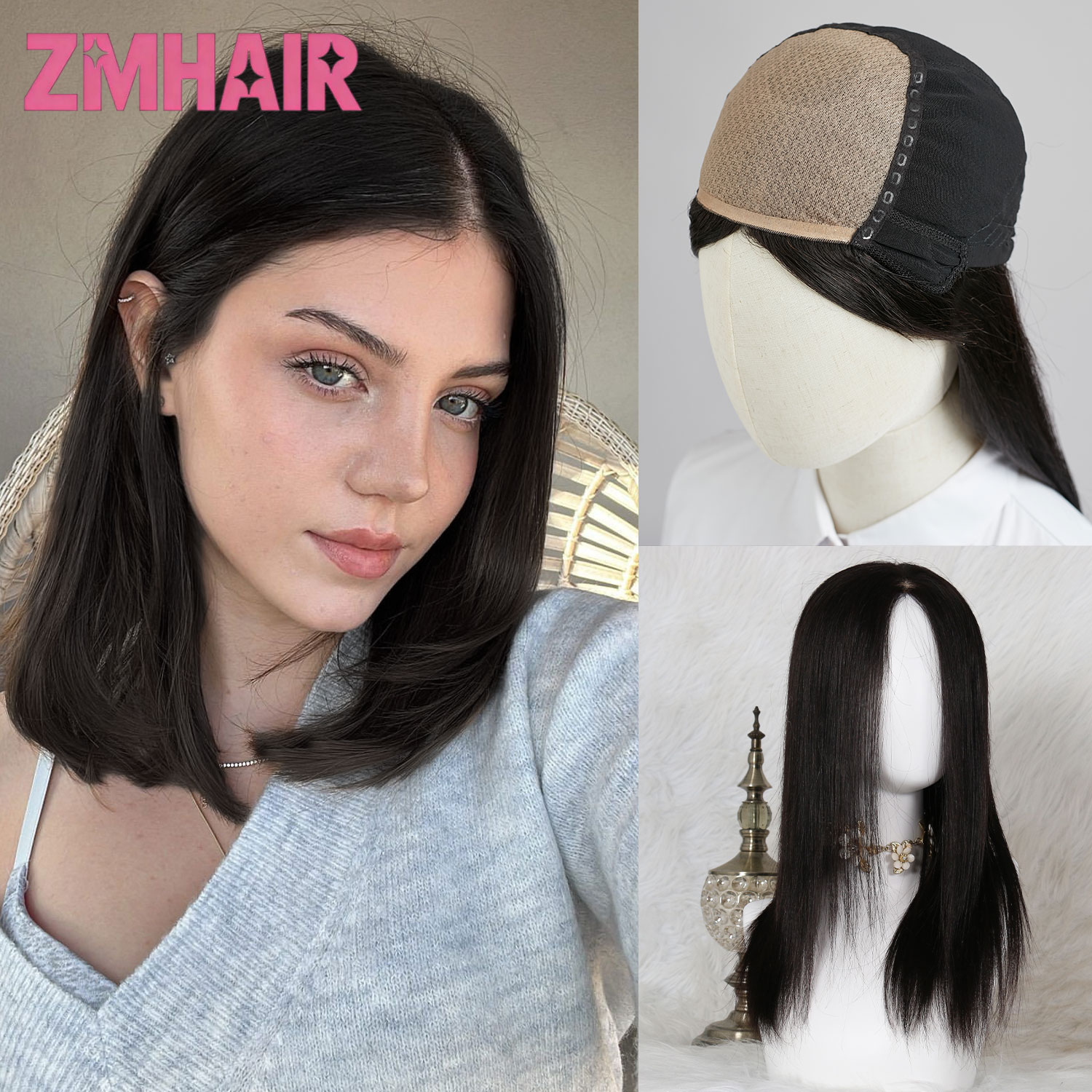 SilkBase Kant-en-klare pruik met PU-front, echt Remy mensenhaar pruik voor vrouwen, medium bruin, zijden top, lijmloze pruik, zomer, ademend