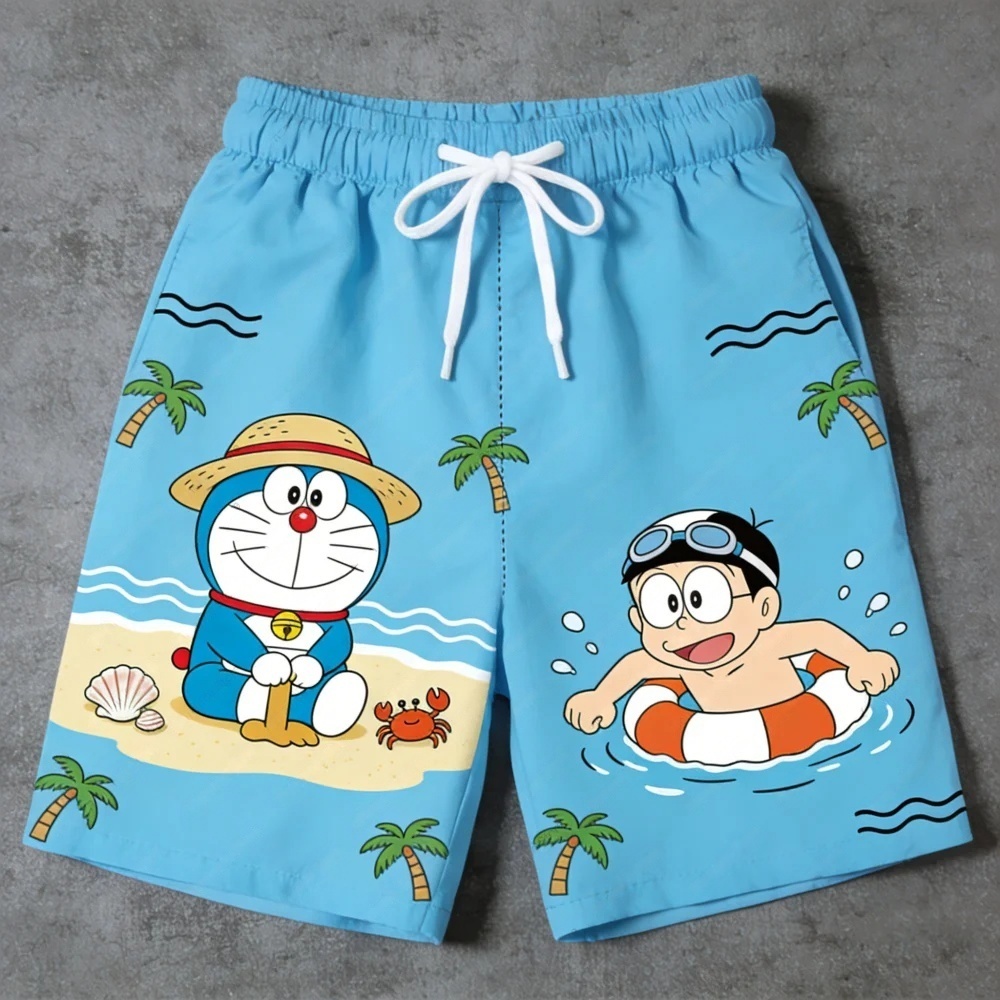 Летние быстросохнущие пляжные шорты унисекс с принтом Doraemon, с эластичной резинкой на талии, повседневные, универсальные, дышащие, семейные, для детей