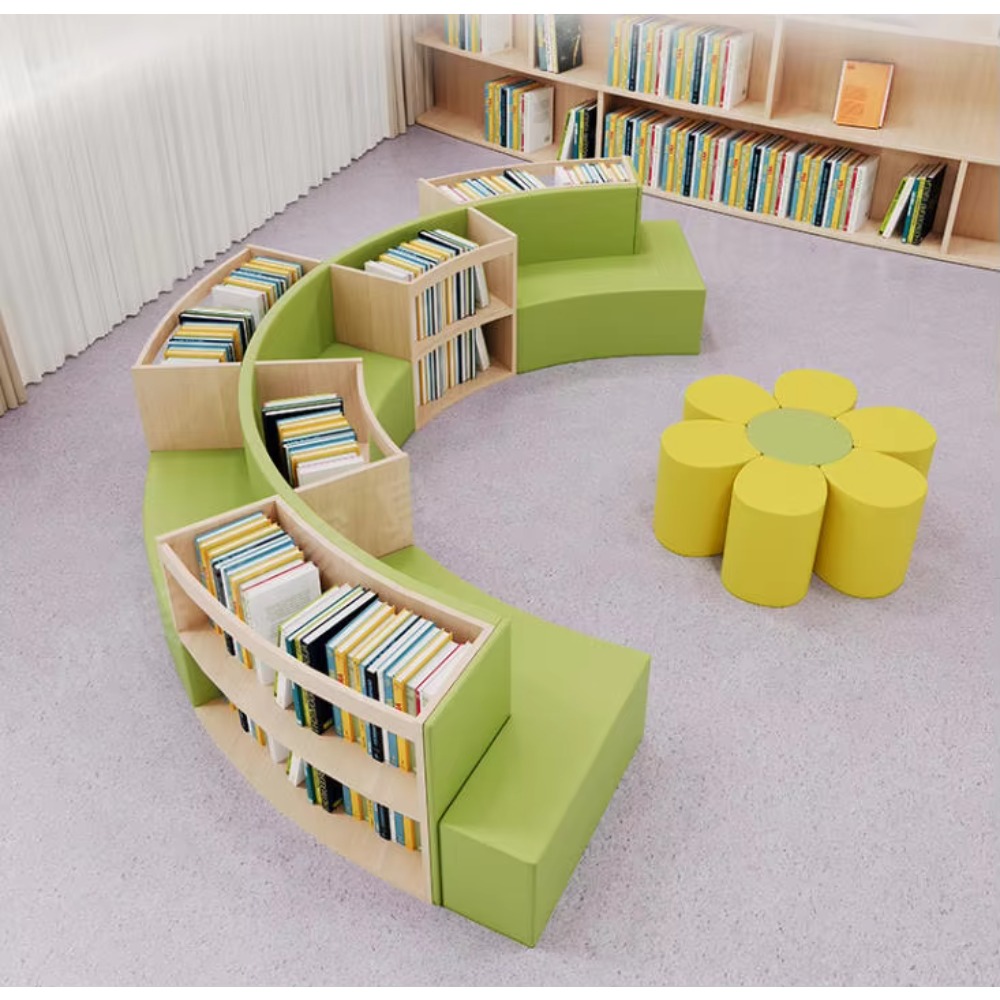 Curved Creative Sofa Combination With Bookcase Storage For School Kindergarten & Library Reading Area