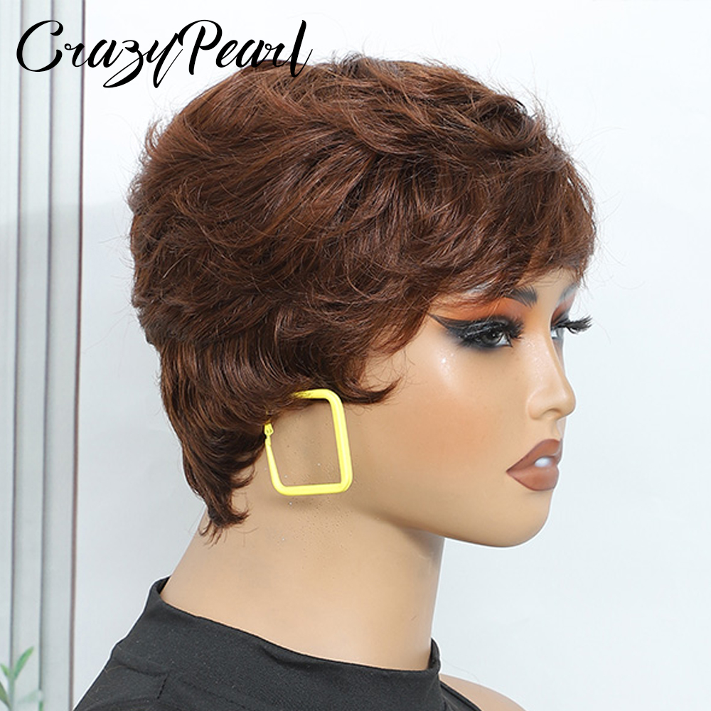 Perucas Curtas para Mulheres, Corte Pixie, Perucas de Cabelo Humano, Peruca Pixie Curta em Camadas com Franja, Sem Cola, Totalmente Feita à Máquina, Marrom Chocolate 4 #