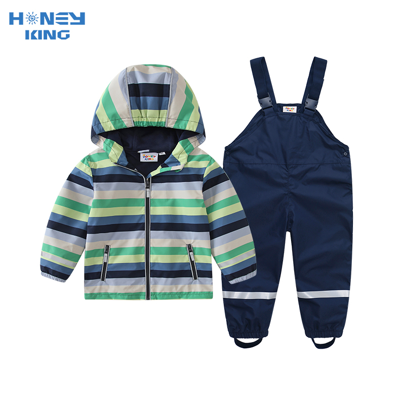 HONEYKING-traje impermeable para niños, conjunto de ropa para niños con chaqueta y pantalones, cómodo traje de lluvia transpirable para niños
