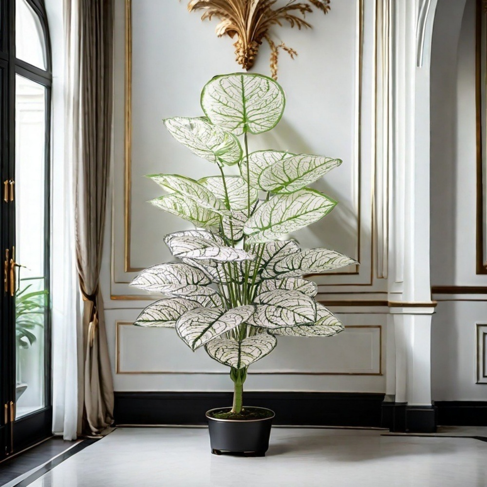 พืชประดิษฐ์สีขาวสีเขียวใบตกแต่งต้นไม้ Leaf Potted จําลองบอนไซ Home Room Decor Garden โรงแรมชั้นเครื่องประดับ