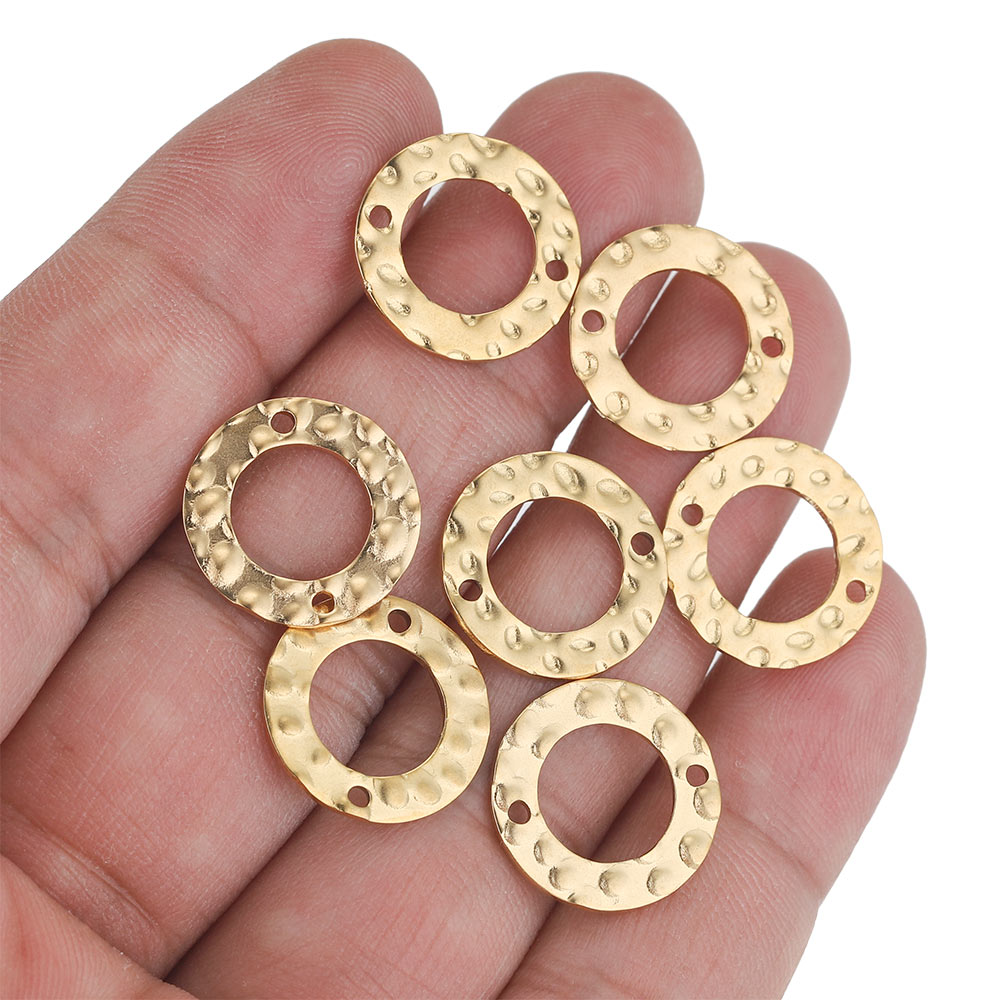 20 Buah Baja Nirkarat Lubang Ganda Tekstur Cincin Lingkaran Berlapis Emas Anting Pesona Conektor untuk Membuat Perhiasan Persediaan Grosir