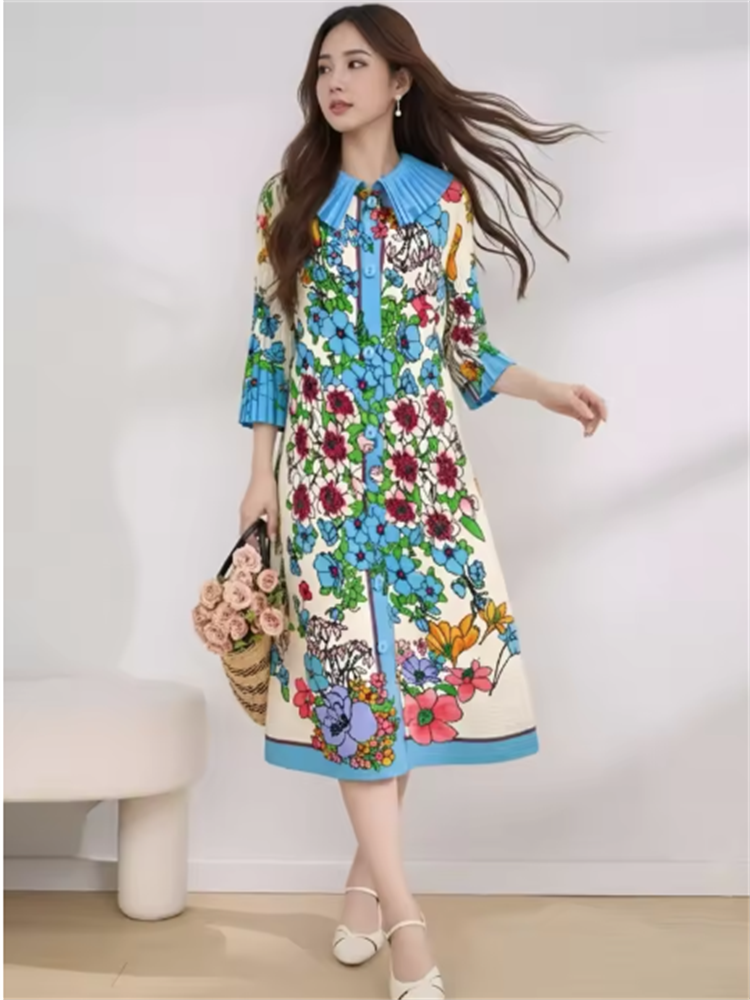 Plisados Miyake, ropa de mujer, estampado, cuello alto y media manga, suelto, de un solo pecho, vestido tipo cárdigan, elegante, 2026