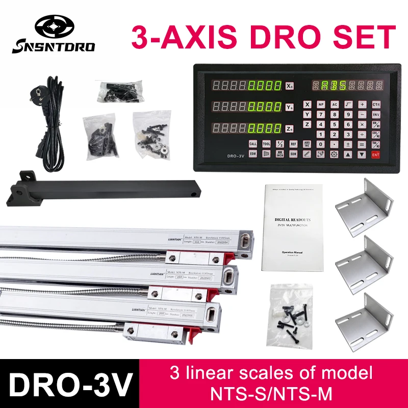 5um/1um DRO-3V Readout Display and 3 Pieces 0-1000mm Linear Scales Encoder for Milling Machine EDM Boring Machine Grating Ruler