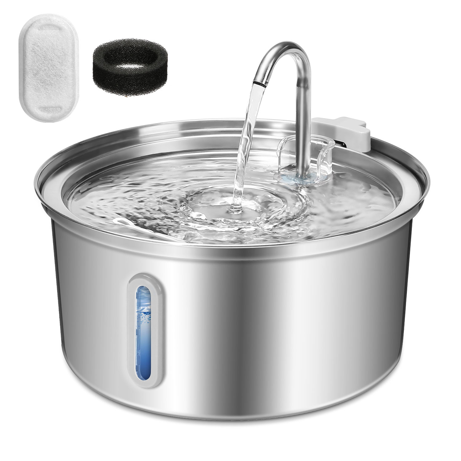 Fuente de agua para gatos de acero inoxidable, fuente de agua para mascotas de 108oz/3,2 L con bomba ultra silenciosa, sistema de filtración, ventana de nivel de agua